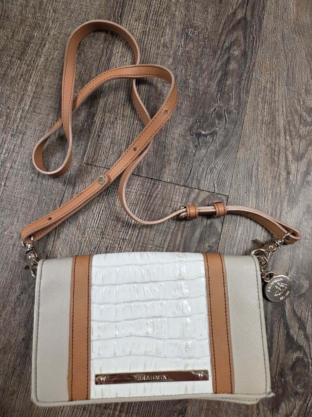 Brahmin Small Crossbody Wallet Purse Brown Beige Leather Shoulder Bag